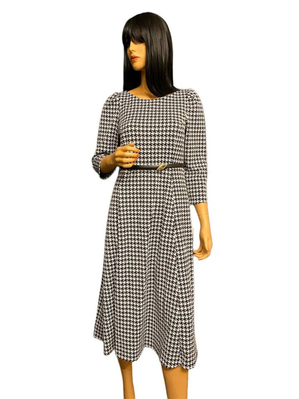 Calvin Klein Black and White Houndstooth Belted Midi Dress